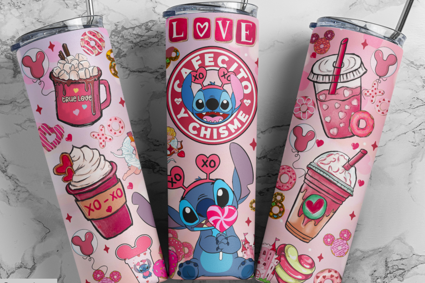 LOVE CAFECITO Y CHISME STITCH TUMBLER